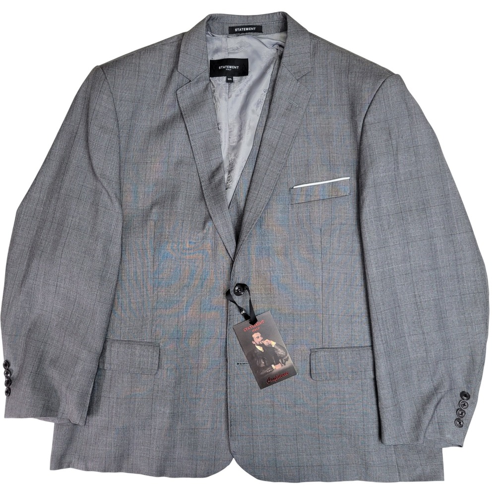 STATEMENT ITALY Confidence Mens 50L‎ Grey Plaid Wool Blend Suit Vest & Blazer